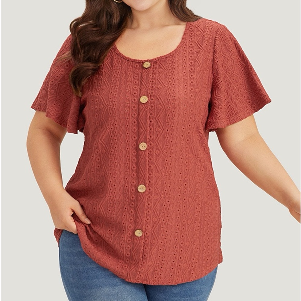 BloomChic Rust Colored Eyelet Flutter Sleeve Top Plus Sizes 2X 3X